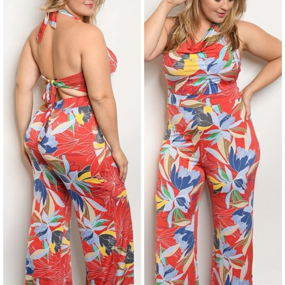 Janette Plus Pants - JANETTE PLUS MULTI COLOR PLUS SIZE FLORAL JUMPSUIT